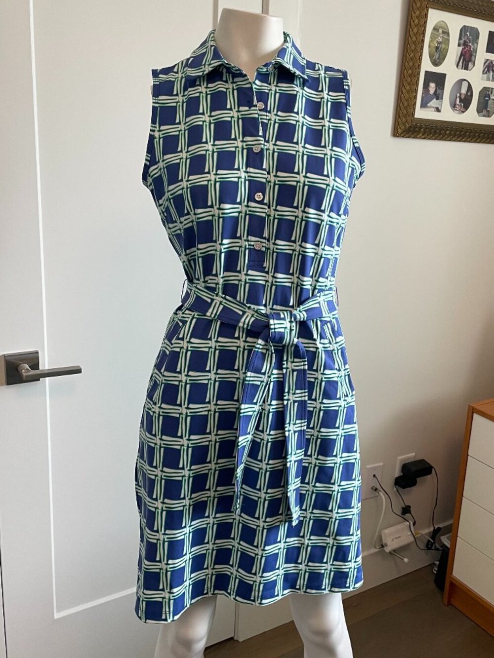 J. McLaughlin Slvless Bamboo Prt Belted Nylon Blend Polo Style Dress Blue Grn S